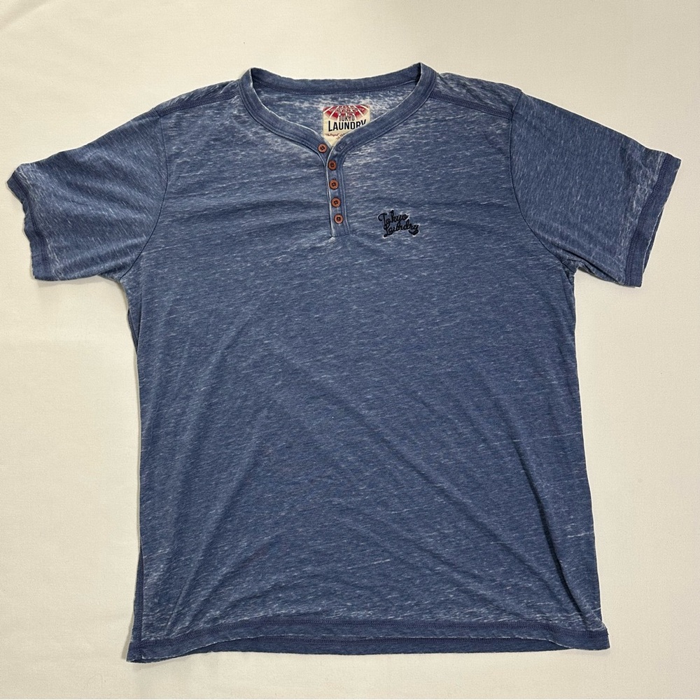 Tokyo Laundry Shatter Distressed Washed Blue Mens Tee Size XL
